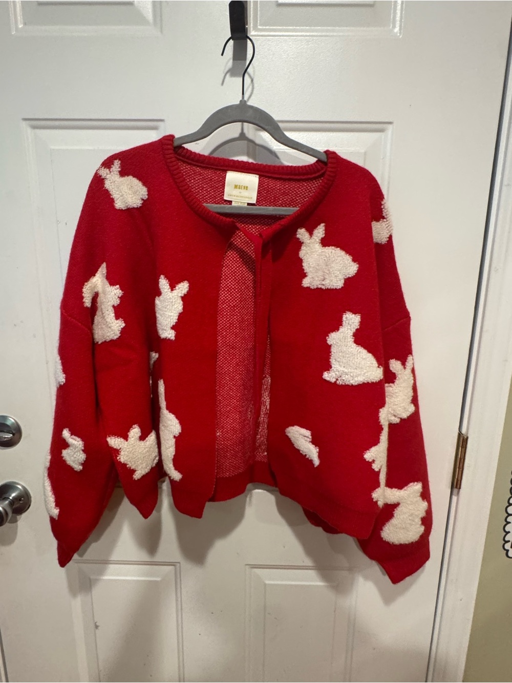 Anthropologie Red Cardigan with Cream Bunny Motif